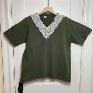 Cesucci Olive Green Lace Trim T-shirt Womens OS Cottagecore Whimsigoth Fairycore